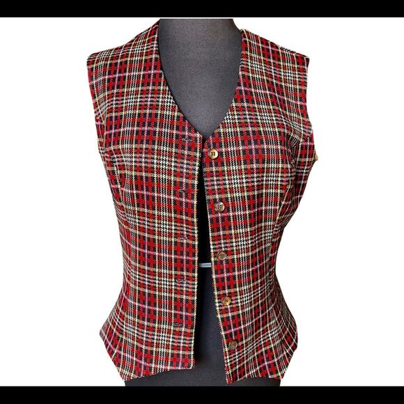 Vtg Red Plaid Academia Equestrian Scholar Preppy English Manor Festive Vest S - Picture 3 of 6